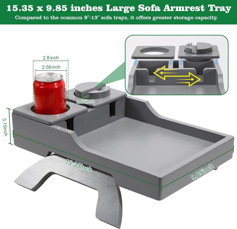 GHKINMAL Couch Cup Holder, 4-in-1 Side Couch Arm Tray with Phone Holder, Sofa Clip on Side Table for Wide Couches Arm, Suitable for Home Drinks/Remote/Snacks-Grey - Image 5